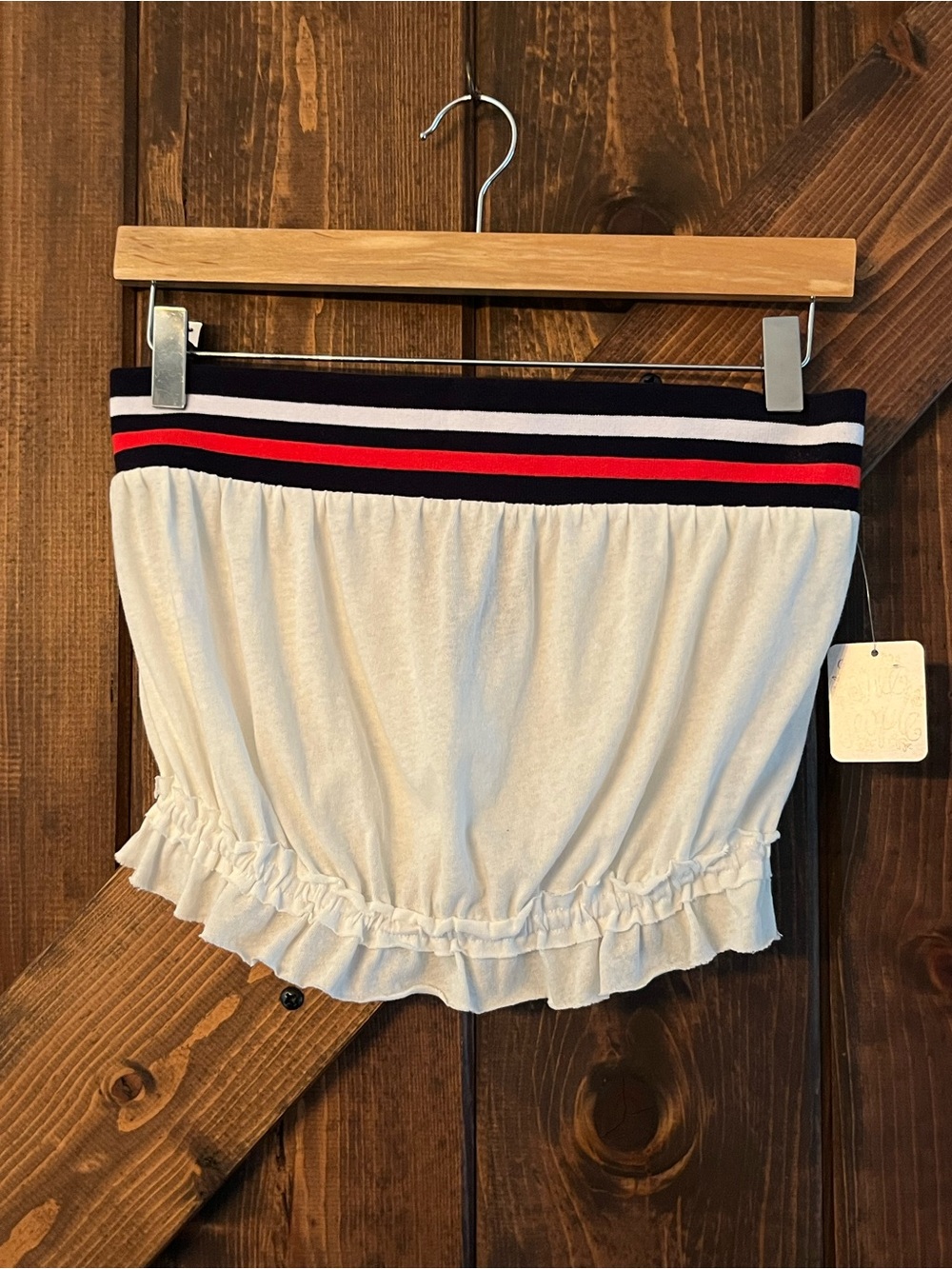 Free People Crop top Ruffle Waistband~ Navy & Red Stripe band NEW W Tags- Small